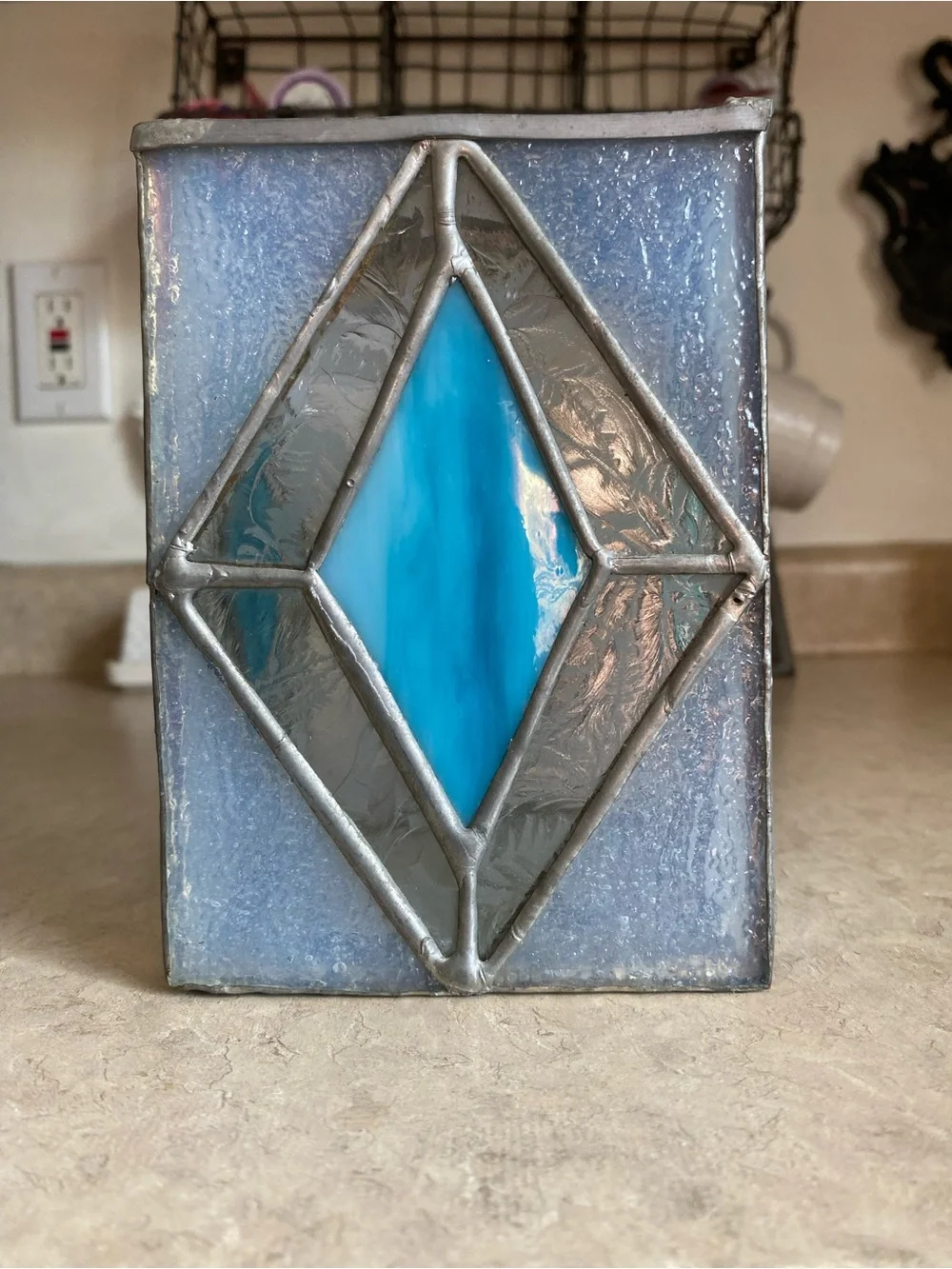 Vintage 80s Tiffany Style Stained Glass Votive Tea Candle Holder Pen Box Floral